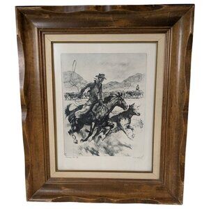 Framed Cowboy Art Print "Heading Them Off" By R.H. Palenske Wood Frame